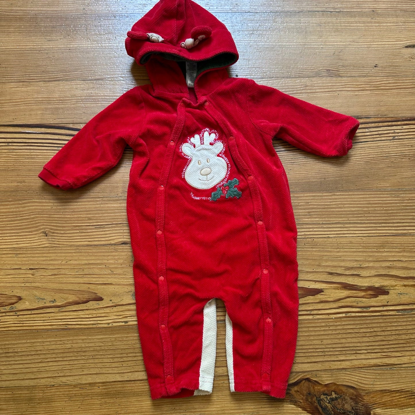 Little Me red fleece hooded Christmas reindeer snap one piece SIZE 9M