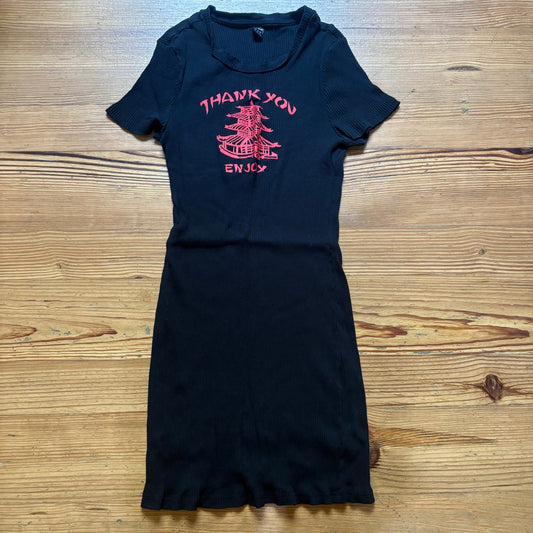 Shein black red Chinese takeout short sleeve ribbed midi dress SIZE XL