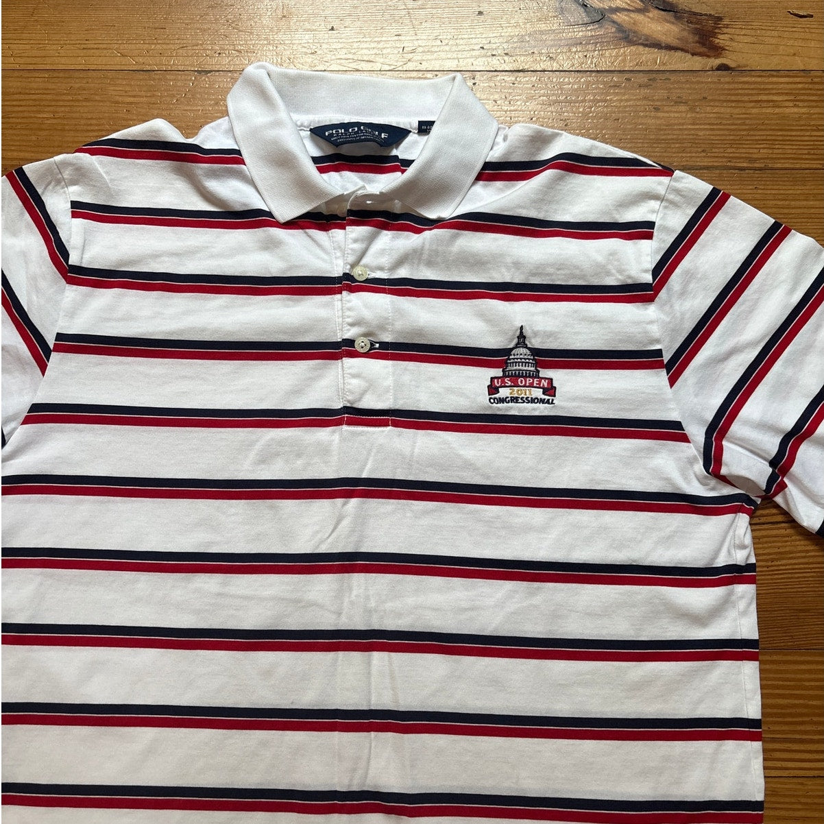 Polo Golf white blue red striped US Open 11' short sleeve polo shirt SIZE L