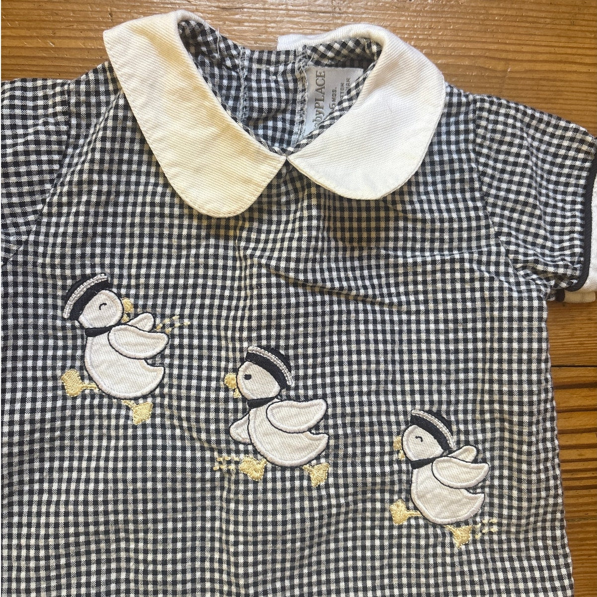 Baby Place VTG black checkered collar duck embroidered one piece SIZE 3-6M