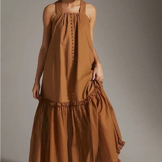 Joslin tan drop waist button up open back tank organic cotton maxi dress SIZE 8