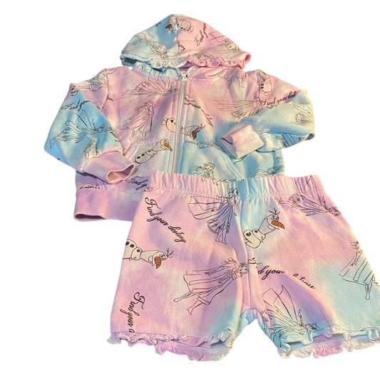 Disney Frozen II Elsa pink blue tie dyed full zip sweater shorts set SIZE 4T