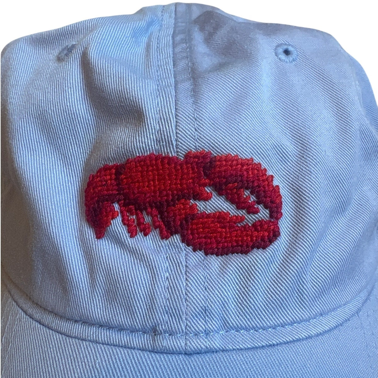 Light blue New England lobster needlepoint adjustable womens baseball cap