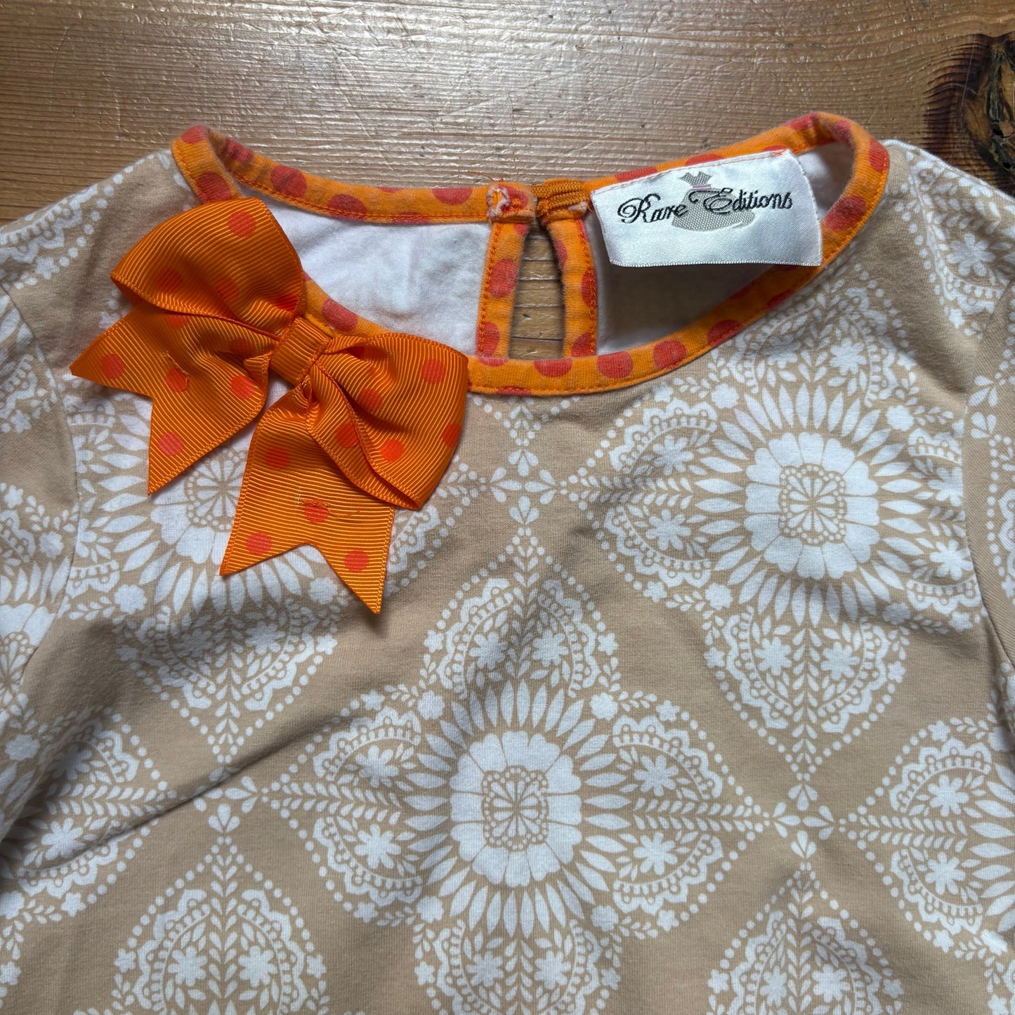 Rare Editions beige orange ruffle bow pumpkin long sleeve dress SIZE 6