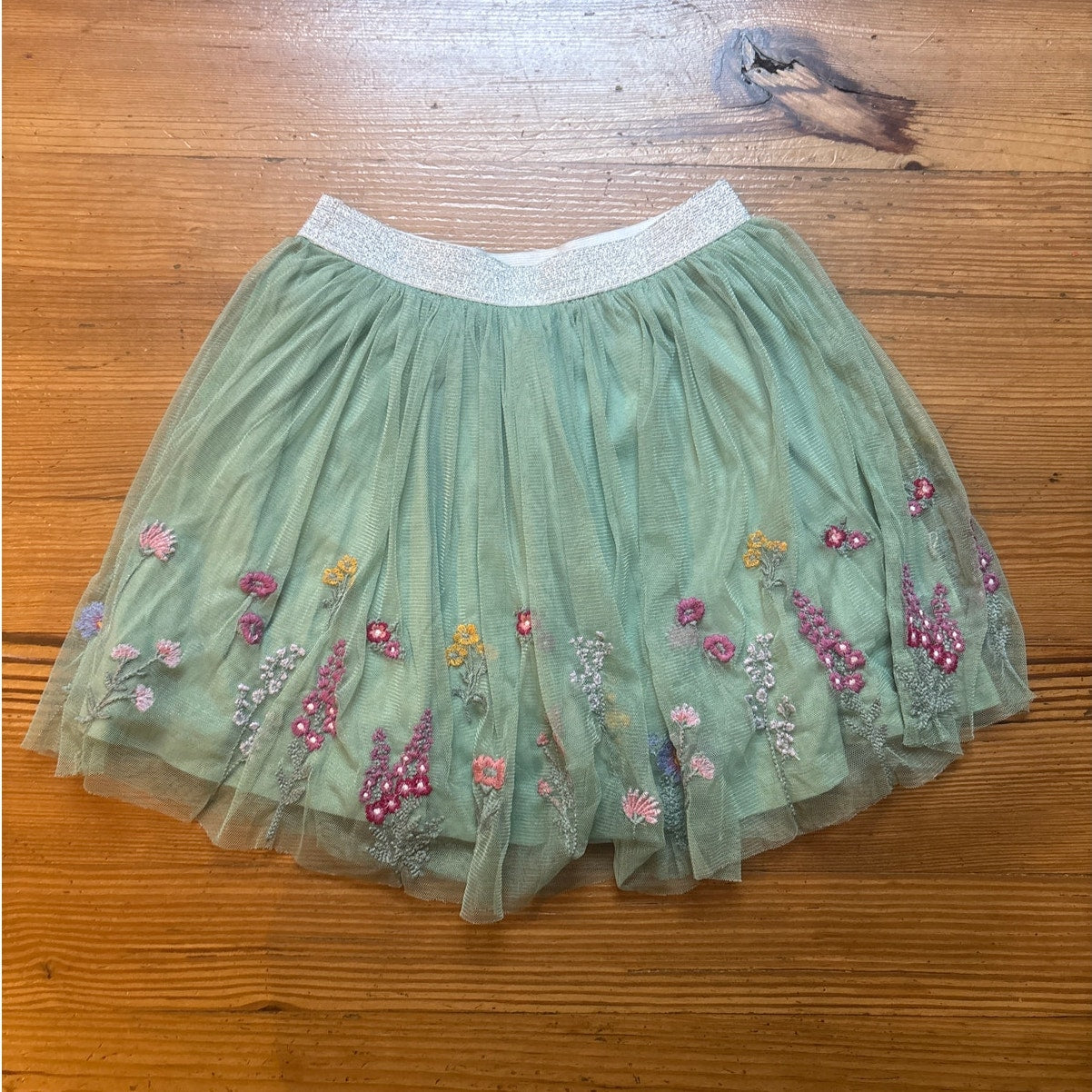 TU kids green floral embroidered tulle elastic waistband skirt SIZE 9