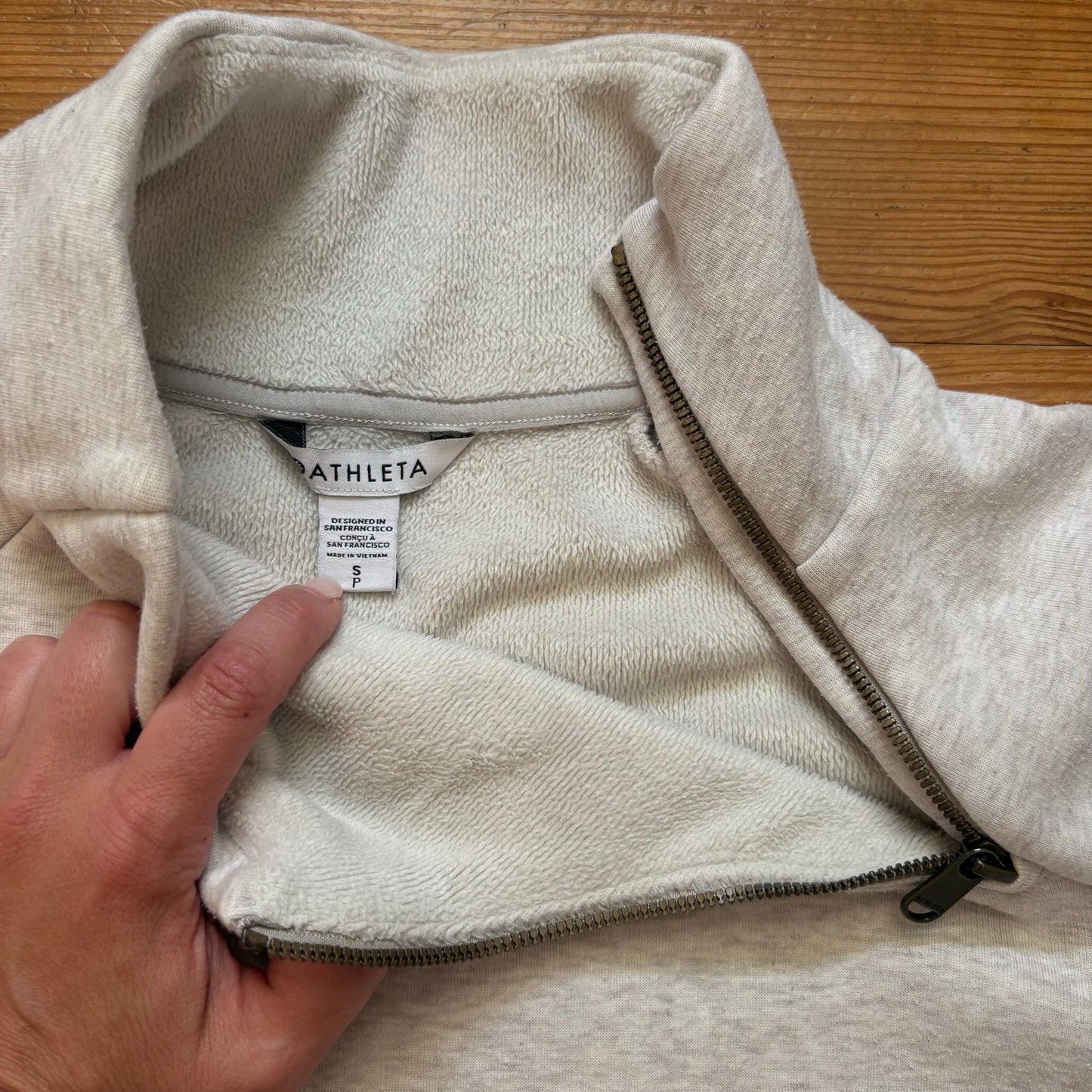 Athleta light gray asymmetrical zipper mock neck crisscross sweater SIZE S