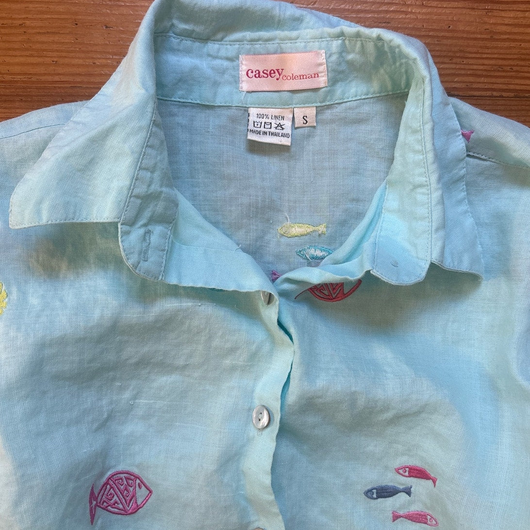 Casey Coleman blue linen fish embroidered button adjustable sleeve blouse SIZE S