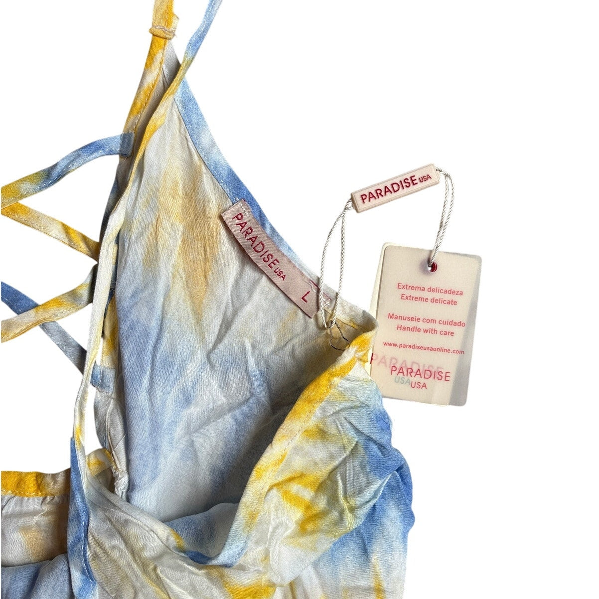 NWT Paradise USA blue yellow tie dyed adjustable strap tiered sun dress SIZE L