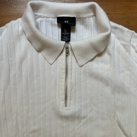 H&M white ribbed slim fit short sleeve half zip mens shirt SIZE L