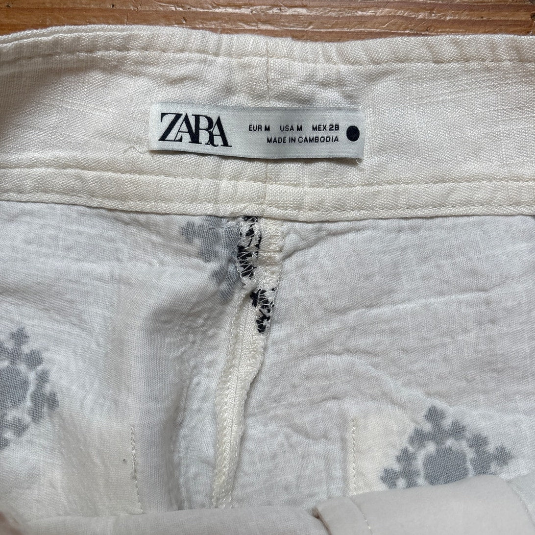 Zara linen blend white black embroidered wide leg cropped pants SIZE M