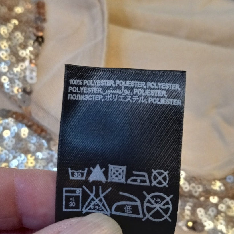 Bebe y2k gold one shoulder sequin sheer flutter sleeve top SIZE M