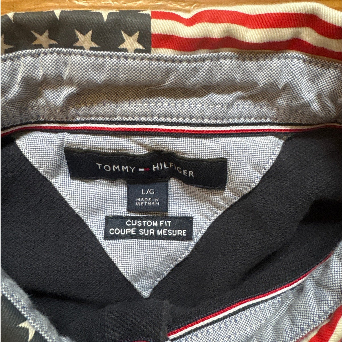 Tommy Hilfiger American flag collar dark navy blue mens short sleeve polo SIZE L