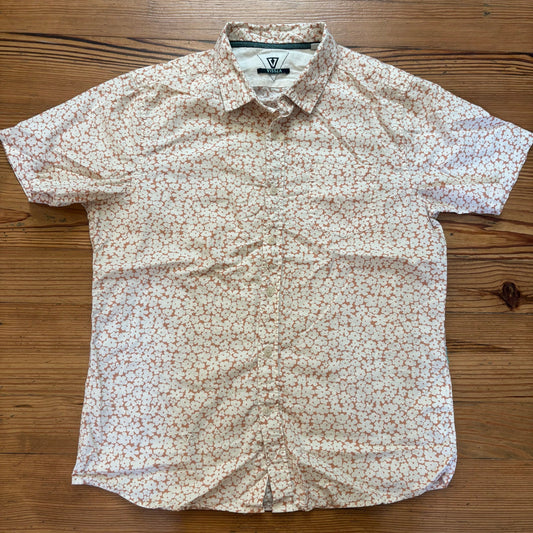 Vissla tan floral short sleeve cotton button up shirt SIZE M