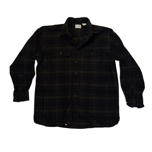 L.L.Bean black green plaid heavy cotton mens long sleeve button shirt SIZE L