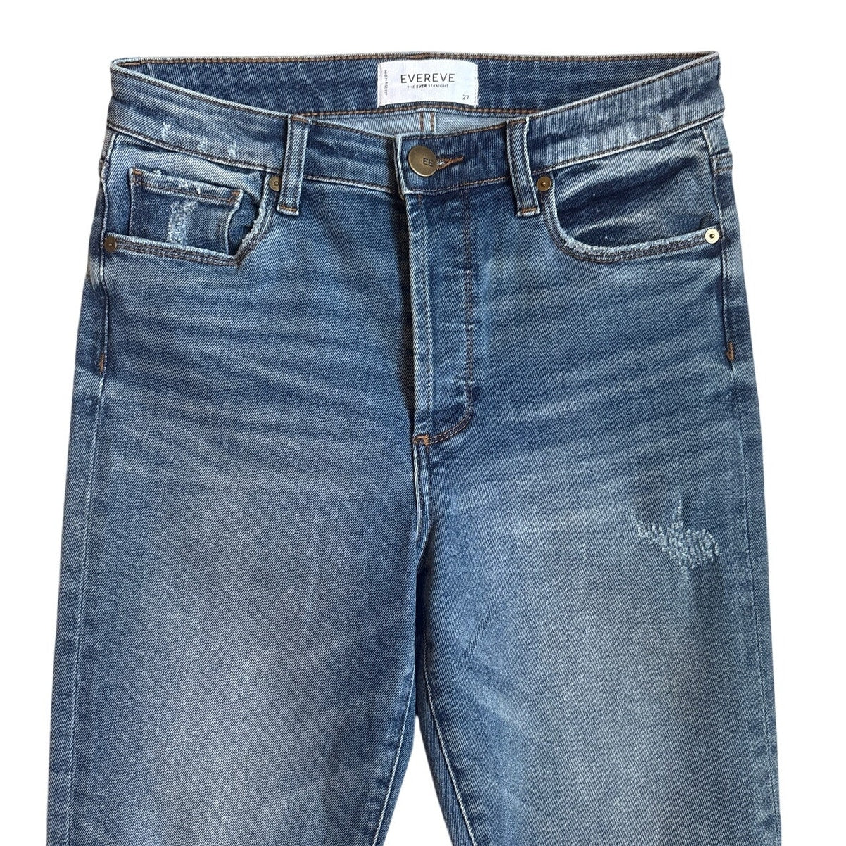 Evereve medium wash high rise straight leg raw hem button fly jeans SIZE 27