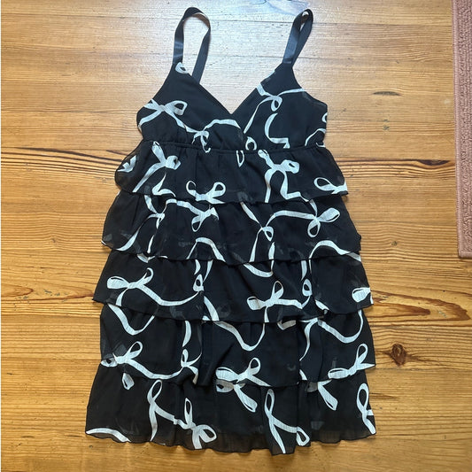 Old Navy black tiered chiffon babydoll ruffle bow mini dress SIZE M