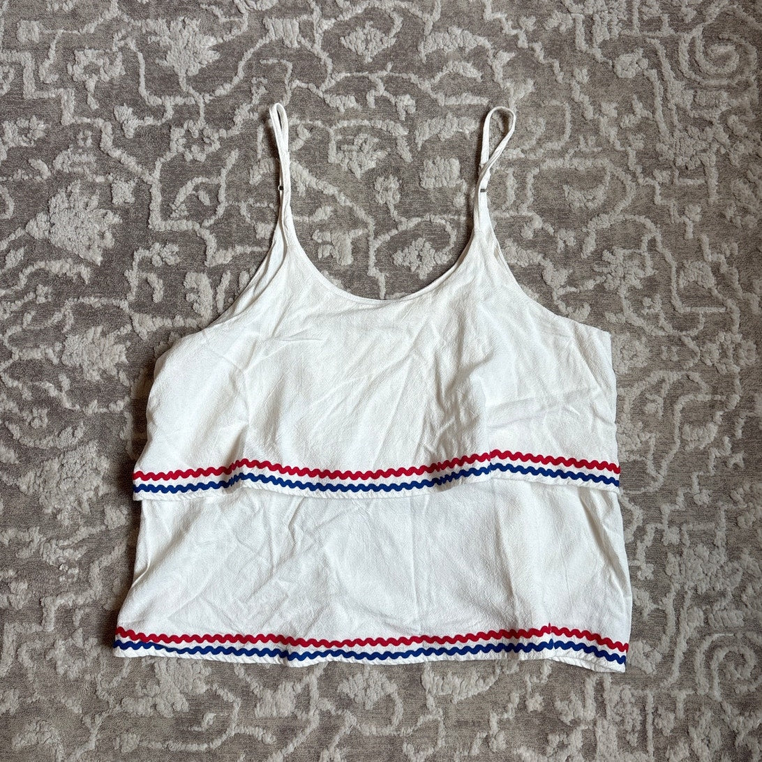 She + Sky white red blue trim tiered ruffle layered strap tank top SIZE L