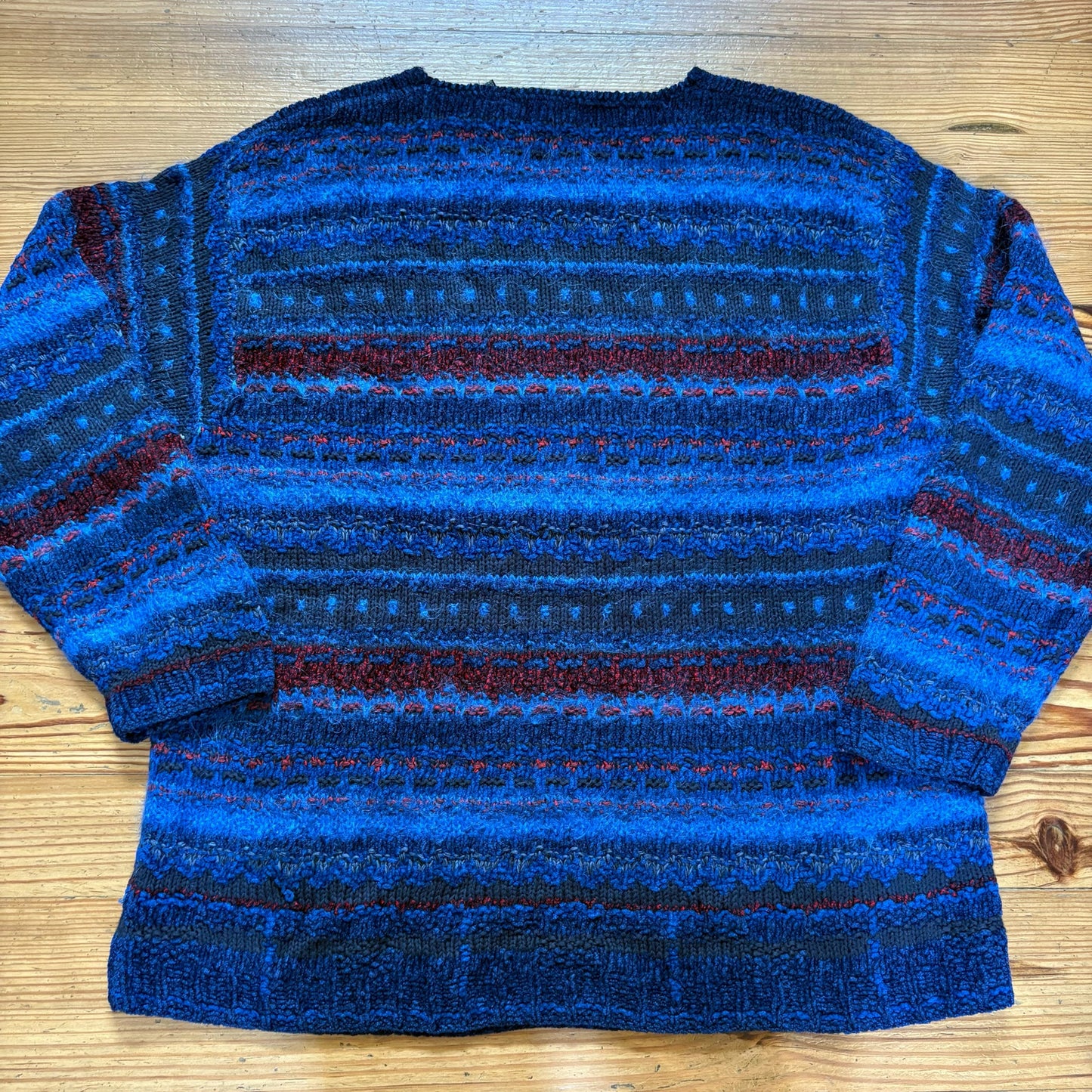 Sigrid Olsen mohair blend royal blue red hand knit crew sweater SIZE M
