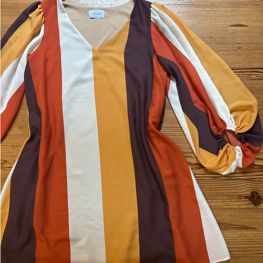 Adrienne neutral brown orange earthy striped long puff sleeve mini dress SIZE S