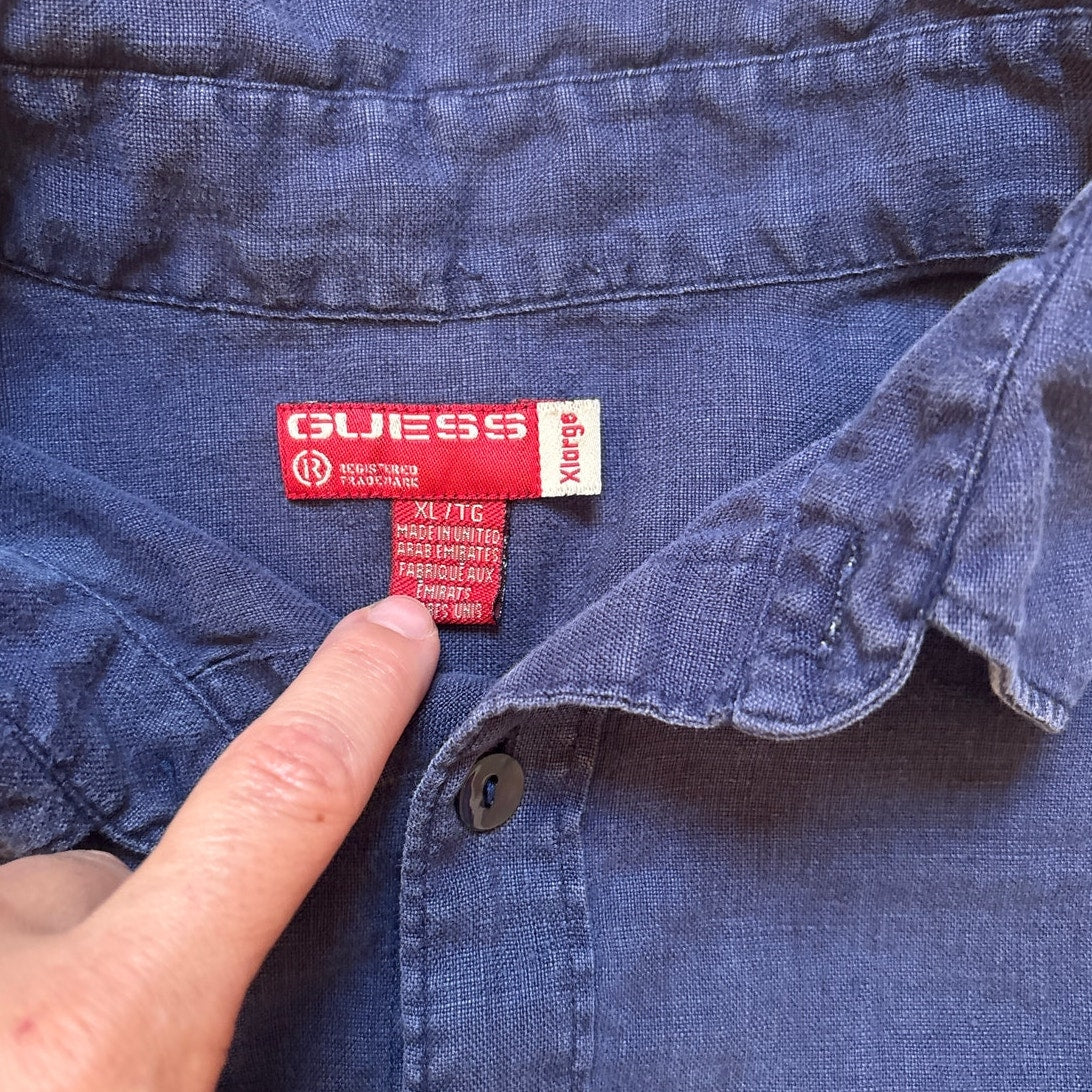 Guess 90s linen dark blue fish long sleeve mens button up shirt SIZE XL
