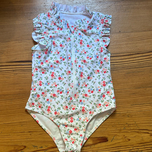 Shein white red pink floral ruffle sleeveless zip front swimsuit SIZE 7