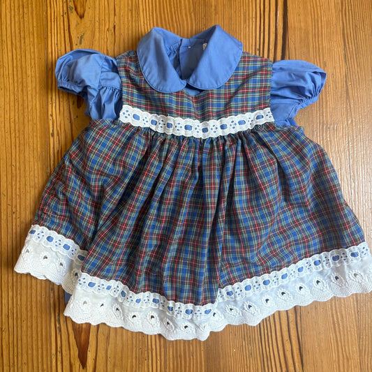 Lord & Taylor vintage blue plaid lace shirt overall short sleeve shirt SIZE 2