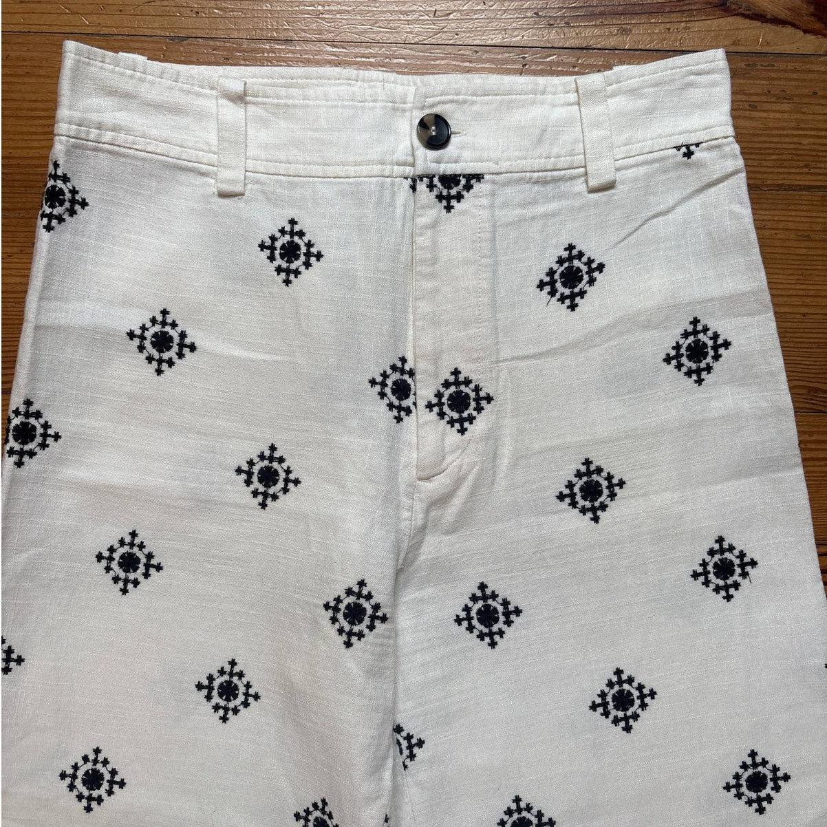 Zara linen blend white black embroidered wide leg cropped pants SIZE M