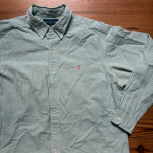 Ralph Lauren green white striped seersucker long sleeve dress shirt SIZE XL