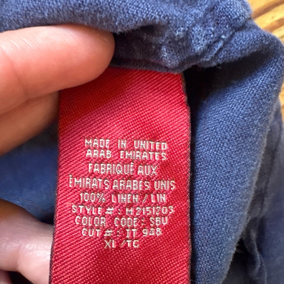 Guess 90s linen dark blue fish long sleeve mens button up shirt SIZE XL