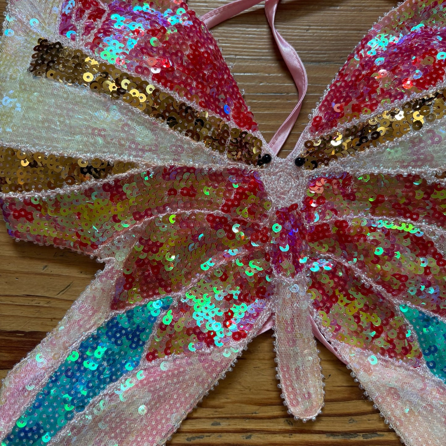 Shein pink blue sequin butterfly open tie back top SIZE S