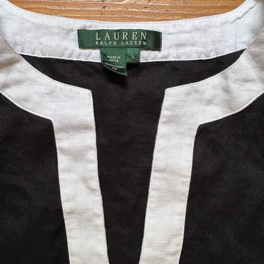 Ralph Lauren black white plunge neckline linen long sleeve tunic top SIZE L