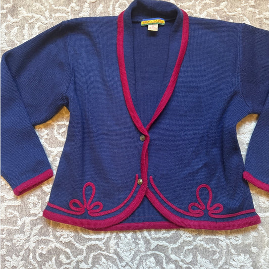 VTG Bryn Connelly blue red embroidered design button cardigan sweater SIZE S