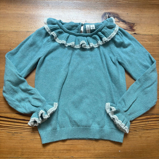 Janie and Jack teal blue knit ruffle collar long sleeve sweater SIZE 6