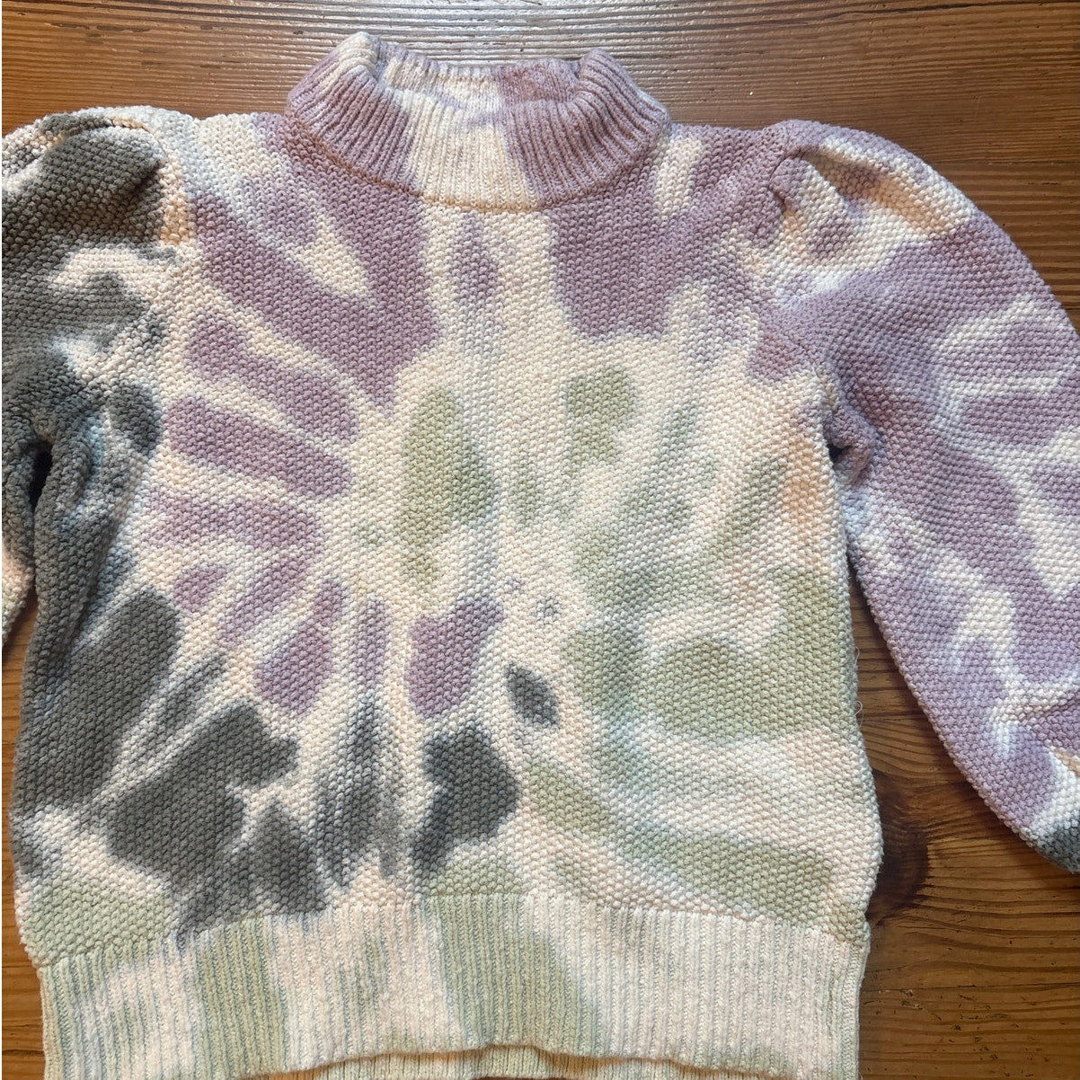 Madewell white purple green tie dyed knit puff sleeve mock neck sweater SIZE S