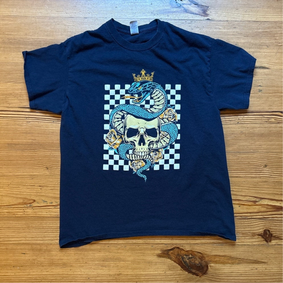 Dark blue king cobra and skull checkered short sleeve cotton shirt SIZE L