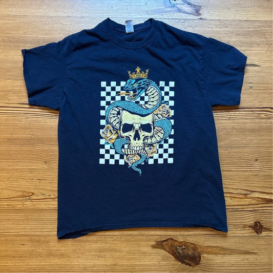 Dark blue king cobra and skull checkered short sleeve cotton shirt SIZE L