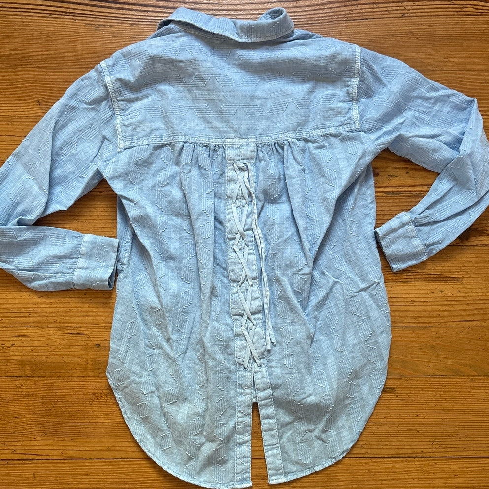Pilcro light blue cotton lace back western long sleeve button up shirt SIZE XS
