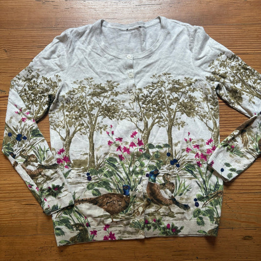 Talbots beige pheasant quail garden graphic cardigan sweater SIZE XS