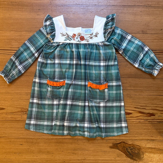 Boutique green plaid floral embroidered ruffle long sleeve dress SIZE 4