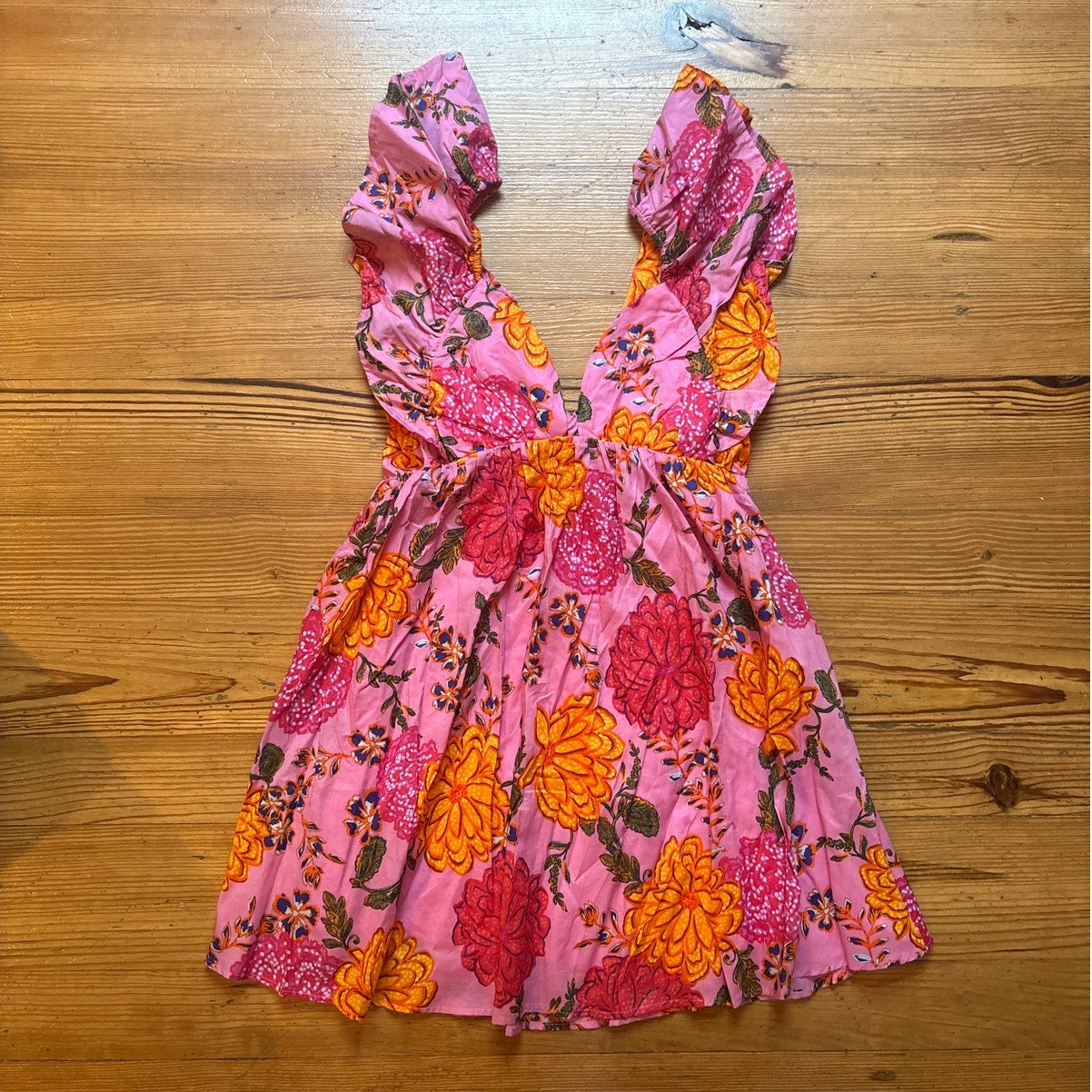 NWT Olivaceous pink floral ruffle oprn back fit flare mini dress SIZE L