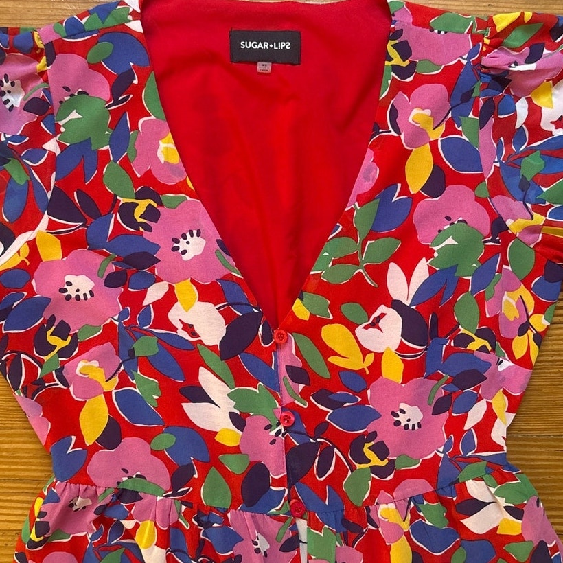 Sugar Lips Monaco red colorful floral tiered maxi dress SIZE XS