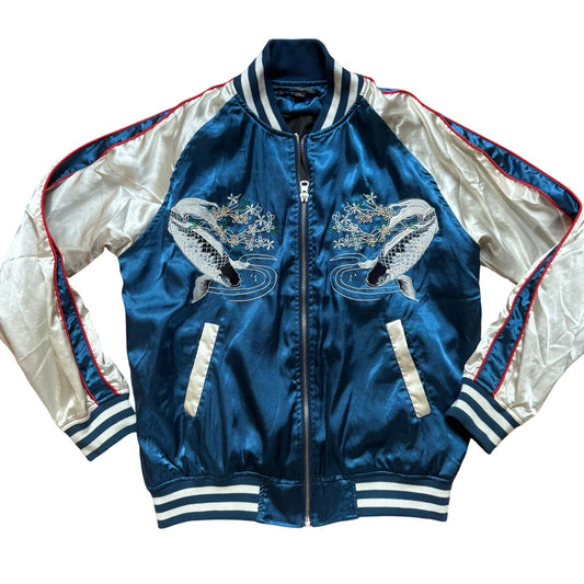 HaoDuoYi blue white satin Asian Koi floral embroidered full zip jacket SIZE M