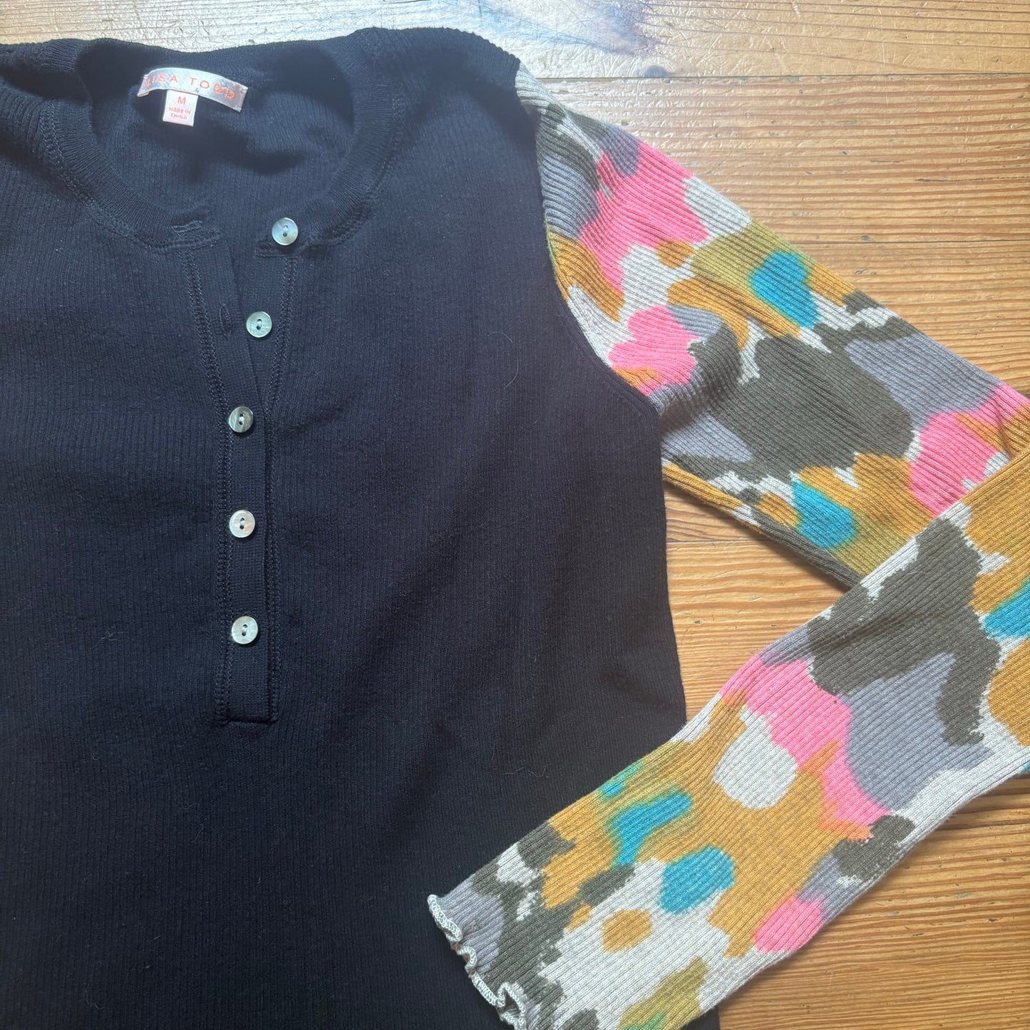 Lisa Todd black colorful sleeve henley ribbed long sleeve shirt SIZE M