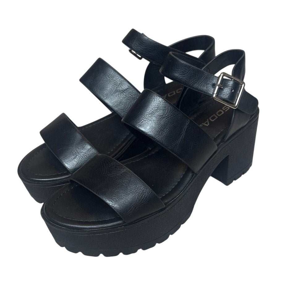 SODA black faux leather strappy chunky block heel buckle sandals SIZE 8.5