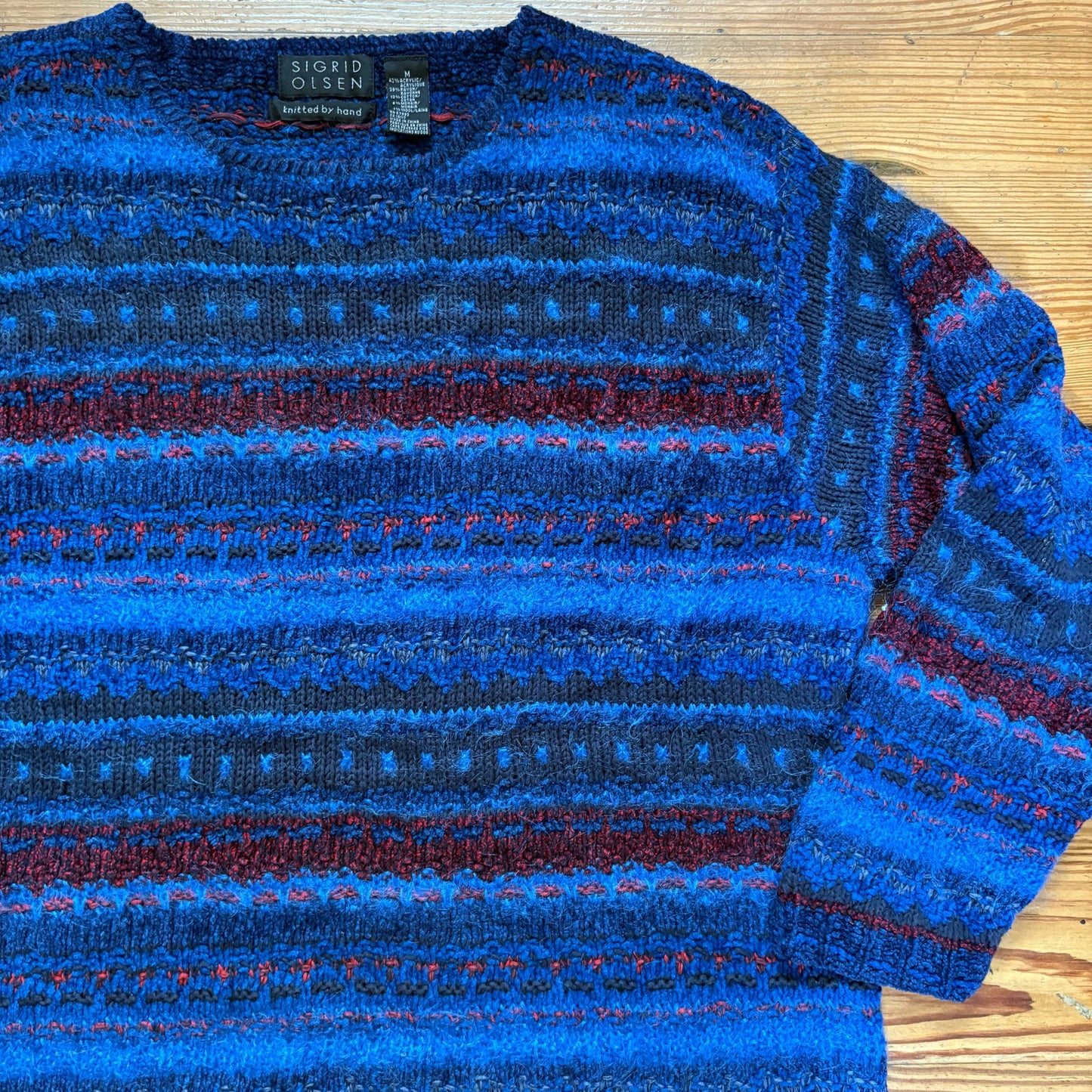 Sigrid Olsen mohair blend royal blue red hand knit crew sweater SIZE M