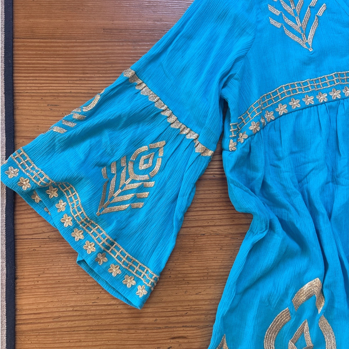 NWT Soft Surroundings Zaneta turquoise blue gold embroidered dress SIZE L